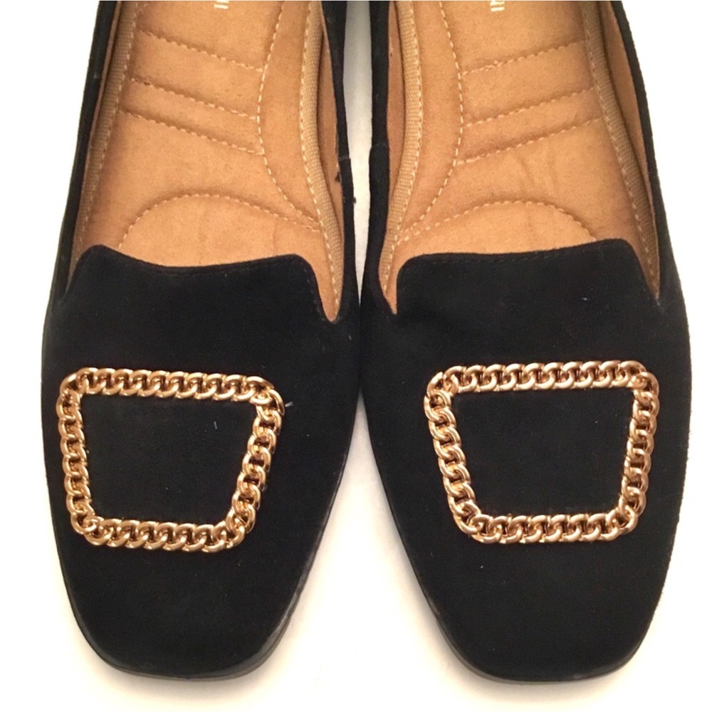 🆕 Adrienne Vittadini Black Flats Size 10 Suede Chain Accent Slip on Shoes NIB - Picture 4 of 16